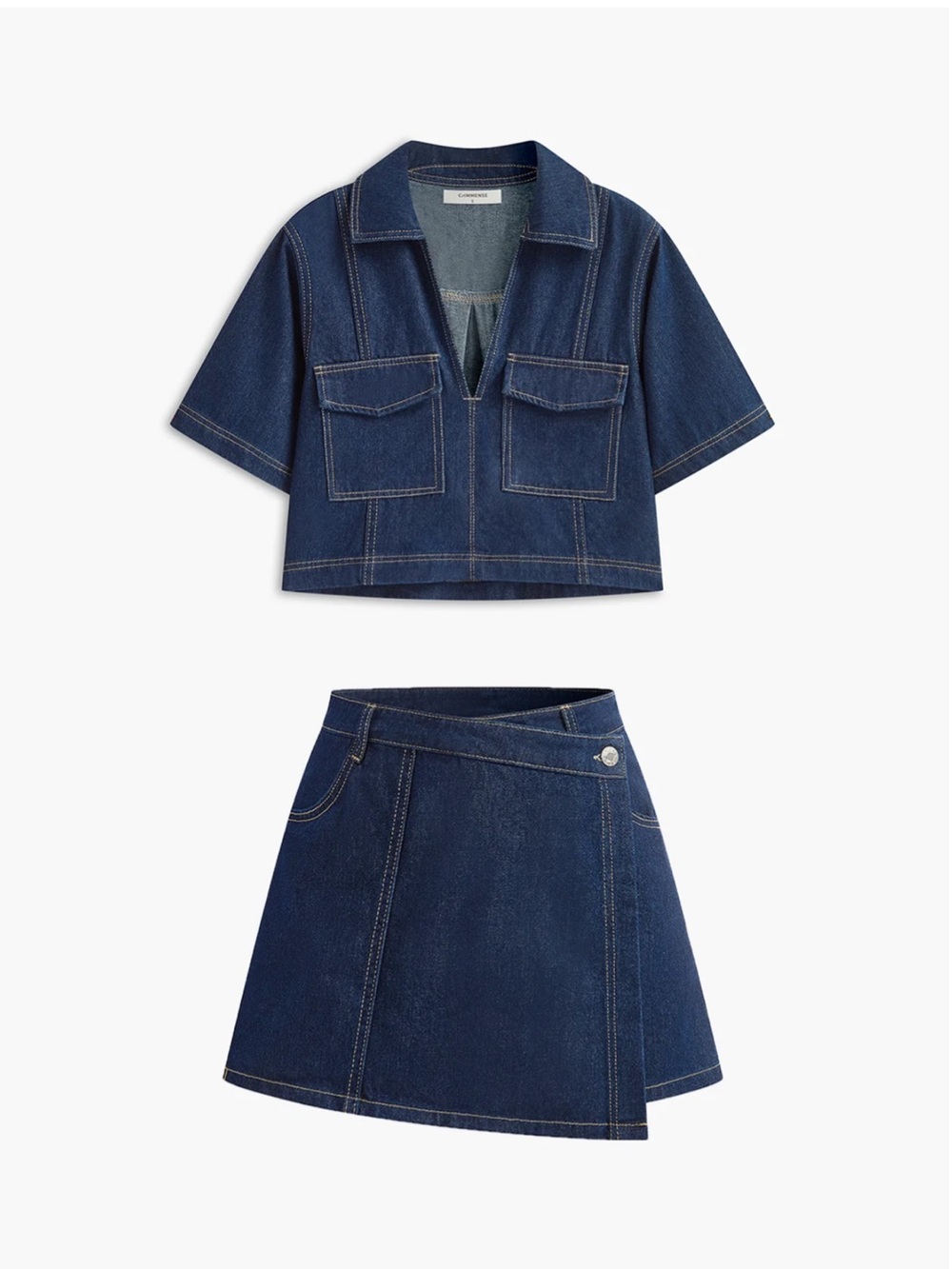Commense Blue Denim Pocket Detail Shorts Set S | Tailored Two-Piece Set - Picture 3 of 6